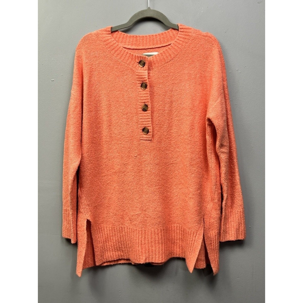 Lou & Grey Sweater Womens Small Coral Orange Henley Button Boucle Knit Relaxed